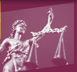 Graphic illustration of Lady Justice holding scales, representing the court ruling affirming academic freedom and equity.